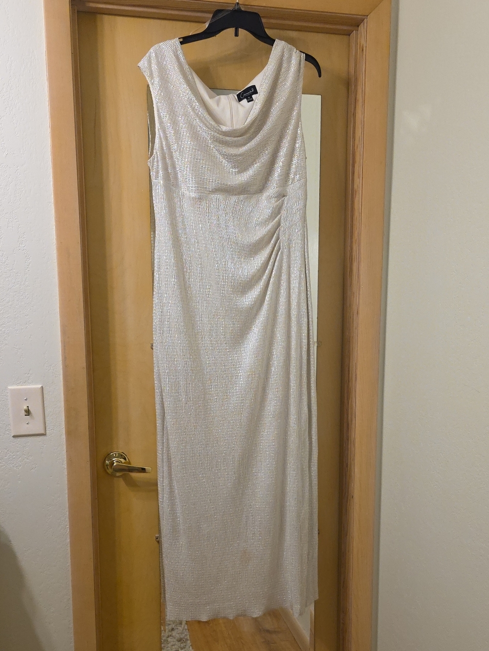 Alex Evenings Silver Sequin Cowl Neck Maxi Gown